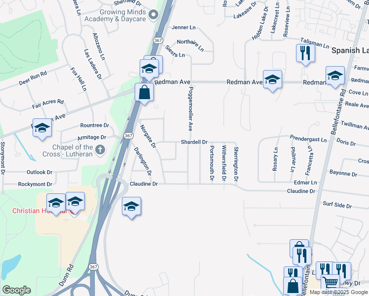 map of restaurants, bars, coffee shops, grocery stores, and more near 11560 Asheboro Drive in St. Louis