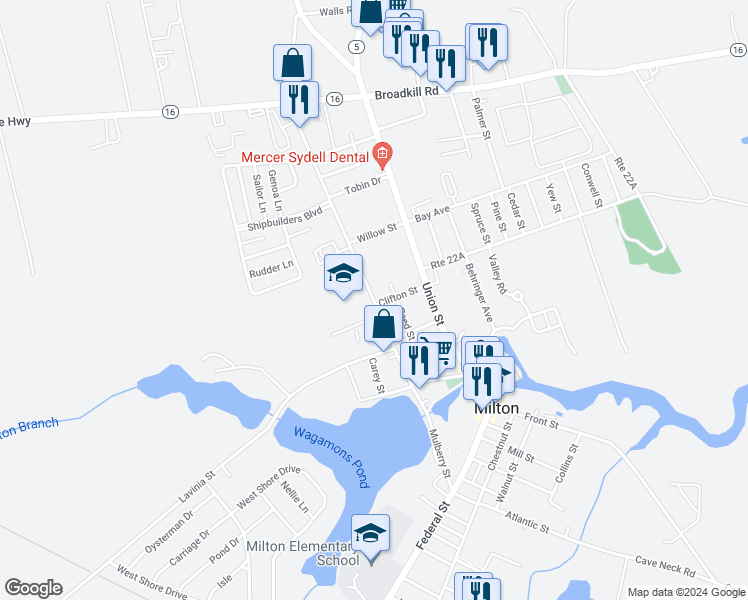 map of restaurants, bars, coffee shops, grocery stores, and more near 329 Mulberry Street in Milton