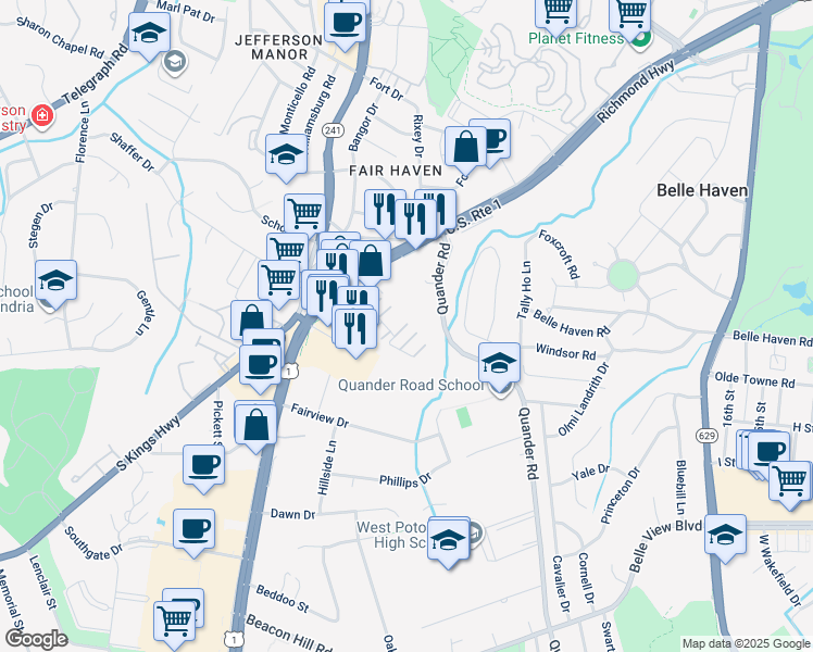 map of restaurants, bars, coffee shops, grocery stores, and more near 1714 Memphis Street in Alexandria