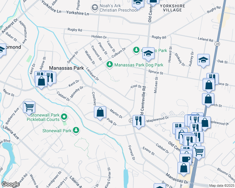 map of restaurants, bars, coffee shops, grocery stores, and more near 123 Lambert Drive in Manassas Park