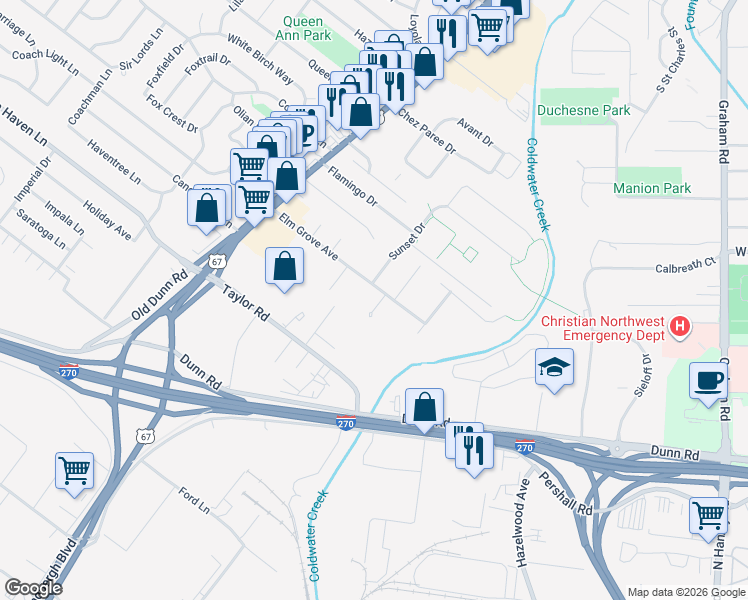 map of restaurants, bars, coffee shops, grocery stores, and more near 7318 Elm Grove Court in Hazelwood