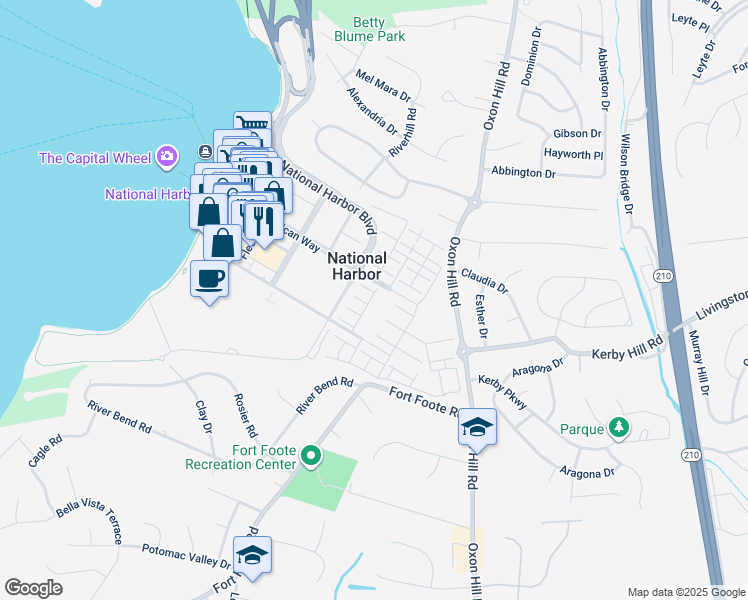 map of restaurants, bars, coffee shops, grocery stores, and more near 514 Harborview Drive in Oxon Hill