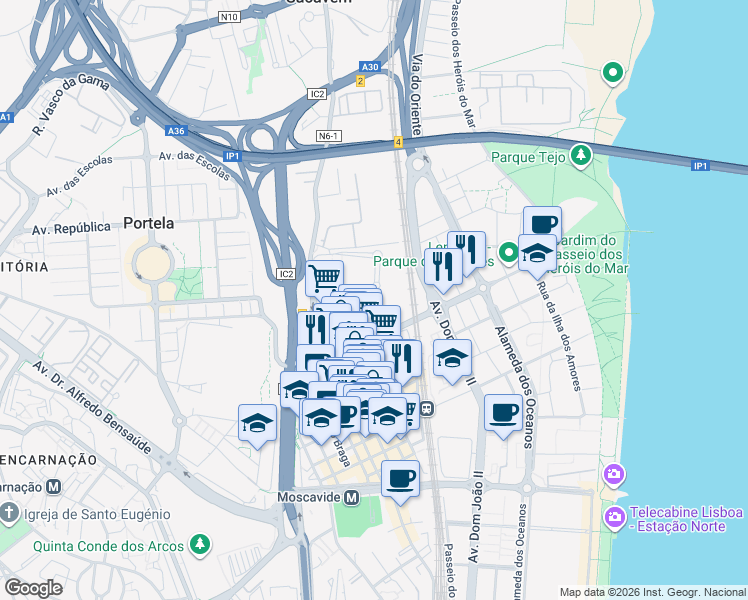 map of restaurants, bars, coffee shops, grocery stores, and more near Rua Adão Manuel Ramos Barata in Moscavide
