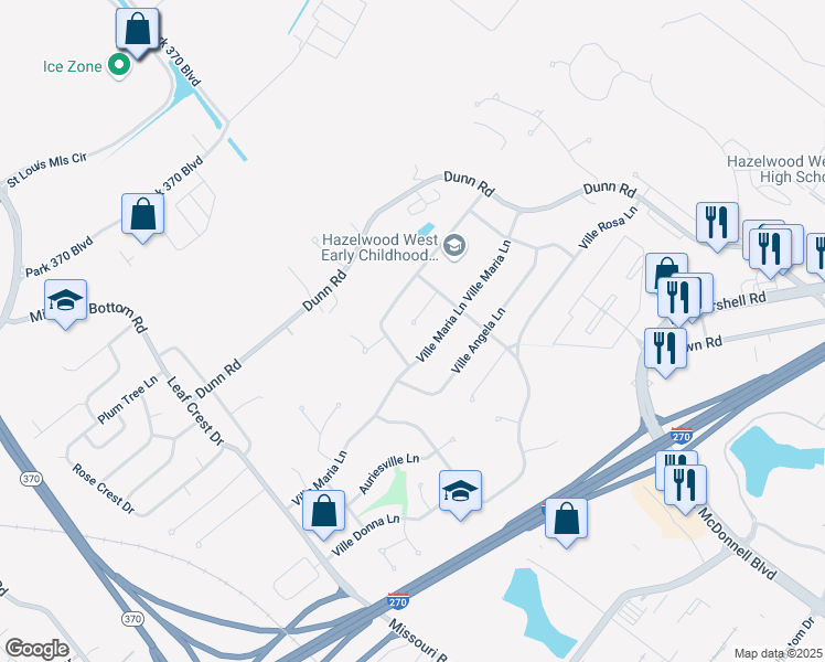 map of restaurants, bars, coffee shops, grocery stores, and more near 5204 Ville Maura Court in Hazelwood