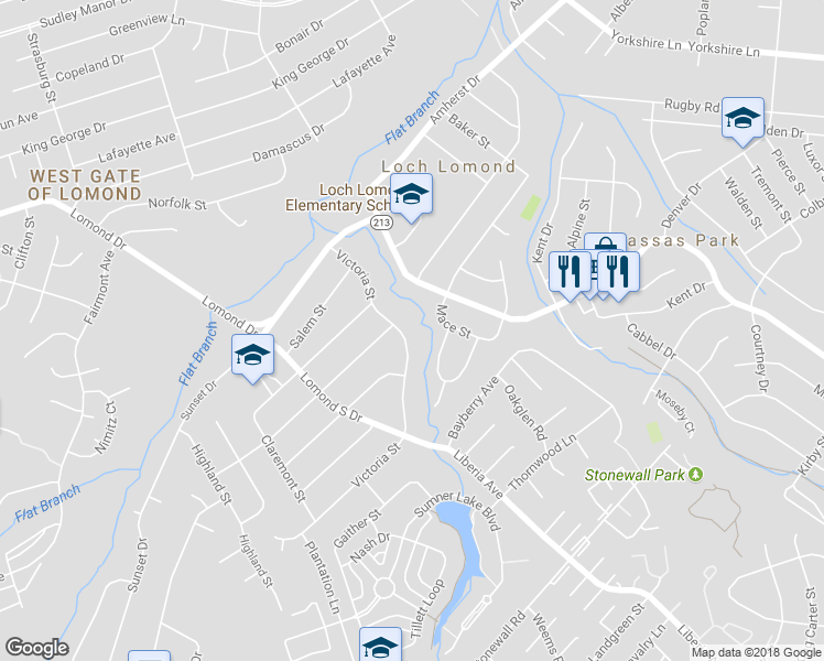 map of restaurants, bars, coffee shops, grocery stores, and more near 9335 Victoria Street in Manassas