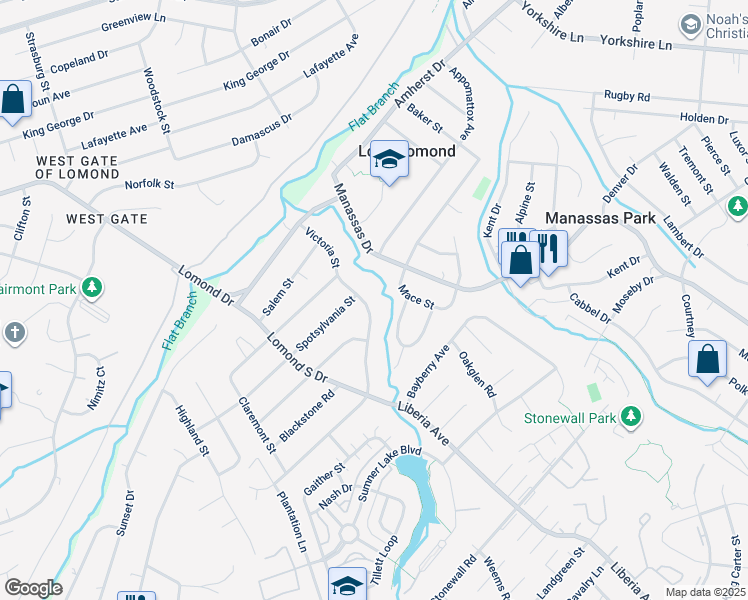 map of restaurants, bars, coffee shops, grocery stores, and more near 9335 Victoria Street in Manassas