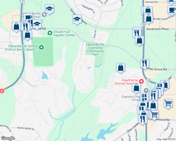 map of restaurants, bars, coffee shops, grocery stores, and more near 302 Valley View Drive in Edwardsville
