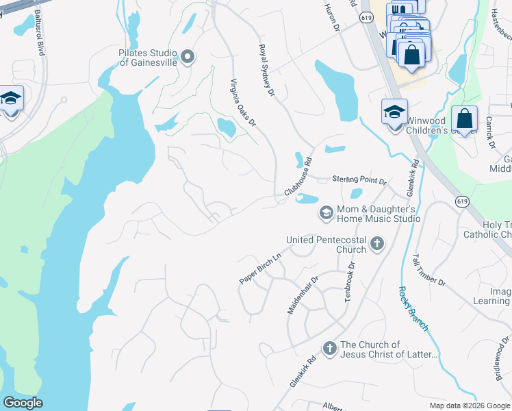 map of restaurants, bars, coffee shops, grocery stores, and more near 14237 Clubhouse Rd in Gainesville