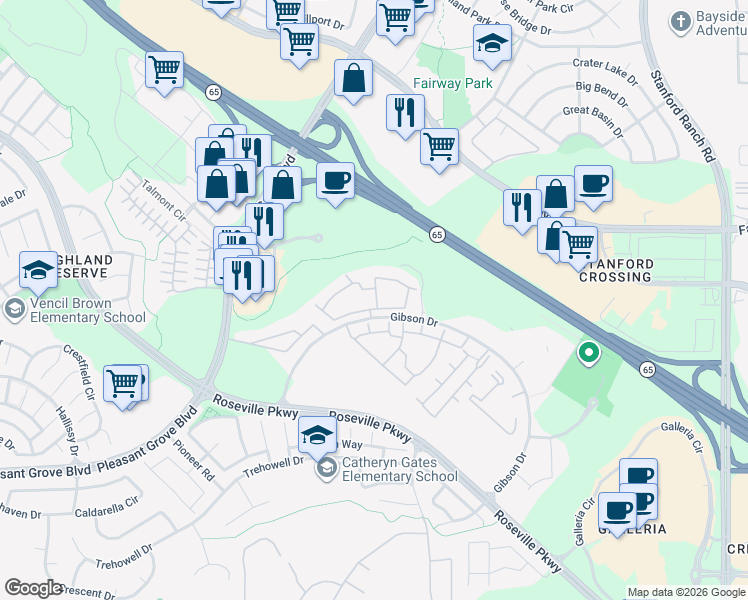 map of restaurants, bars, coffee shops, grocery stores, and more near 700 Gibson Drive in Roseville