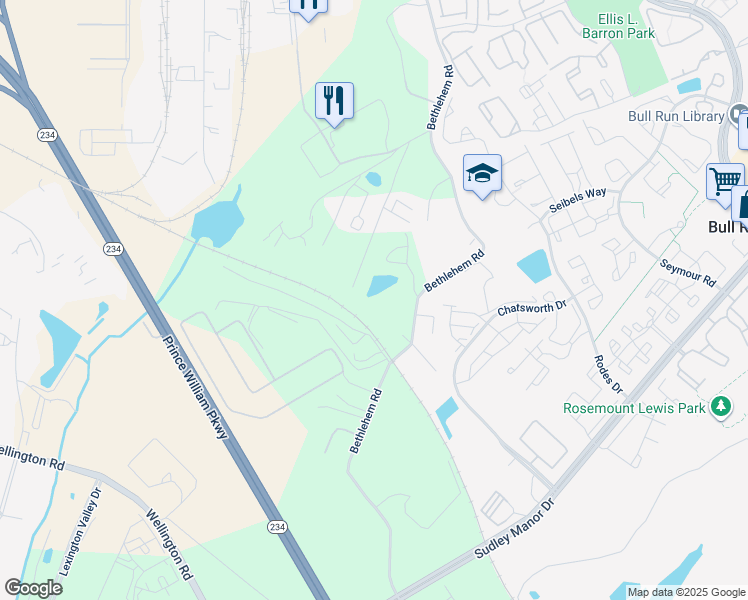 map of restaurants, bars, coffee shops, grocery stores, and more near 8130 Bethlehem Road in Manassas