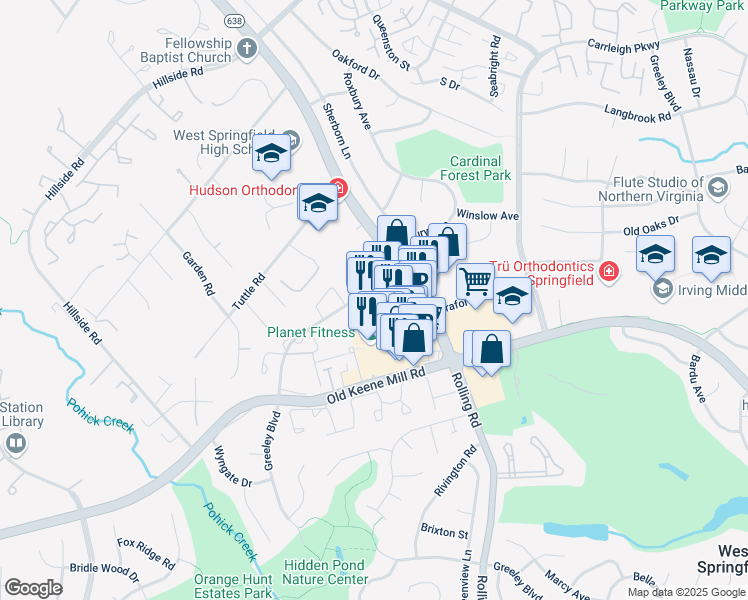 map of restaurants, bars, coffee shops, grocery stores, and more near 6206 Rolling Road in West Springfield