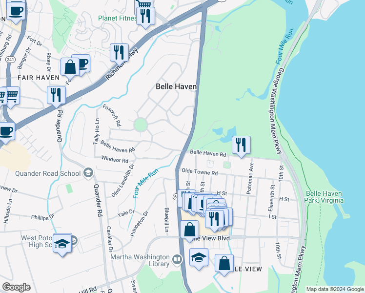 map of restaurants, bars, coffee shops, grocery stores, and more near 1900 Belle Haven Road in Alexandria