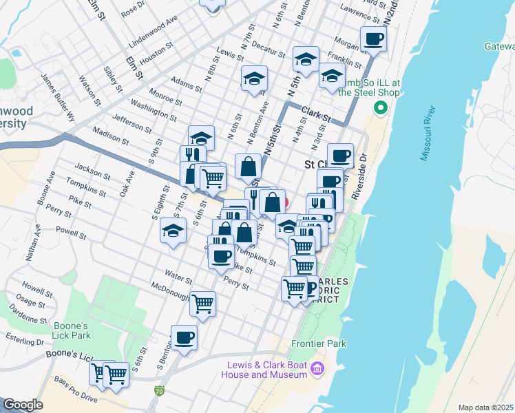 map of restaurants, bars, coffee shops, grocery stores, and more near 400 1st Capitol Drive in St. Charles