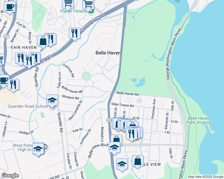 map of restaurants, bars, coffee shops, grocery stores, and more near 1900 Belle Haven Road in Alexandria