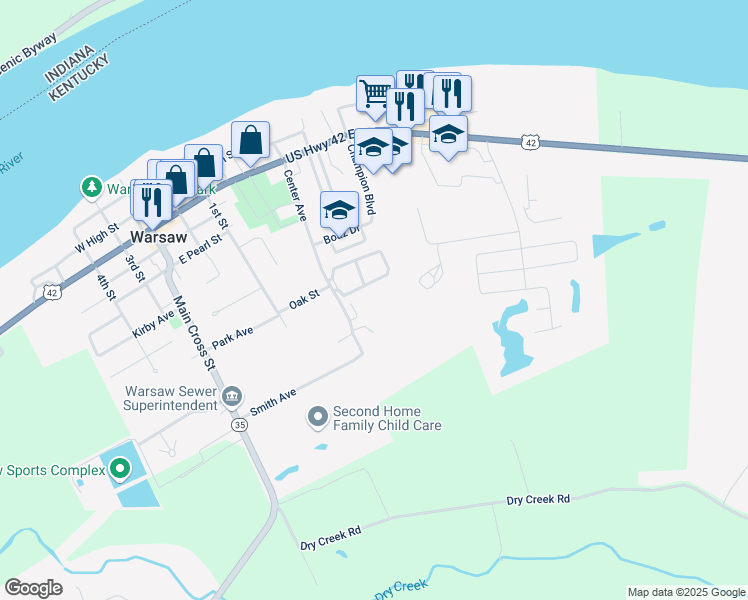 map of restaurants, bars, coffee shops, grocery stores, and more near 316-408 Center Avenue in Warsaw