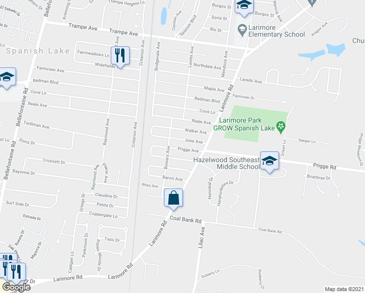 map of restaurants, bars, coffee shops, grocery stores, and more near 1122 Prigge Avenue in St. Louis