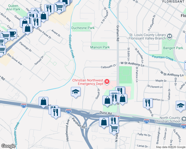 map of restaurants, bars, coffee shops, grocery stores, and more near 17 Gray Brooke Lane in Florissant