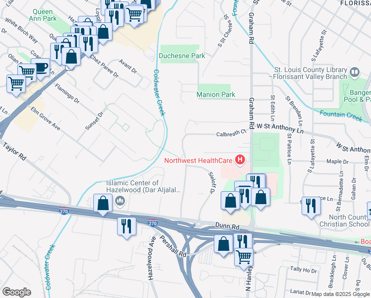 map of restaurants, bars, coffee shops, grocery stores, and more near 7536 Hazelcrest Drive in Hazelwood