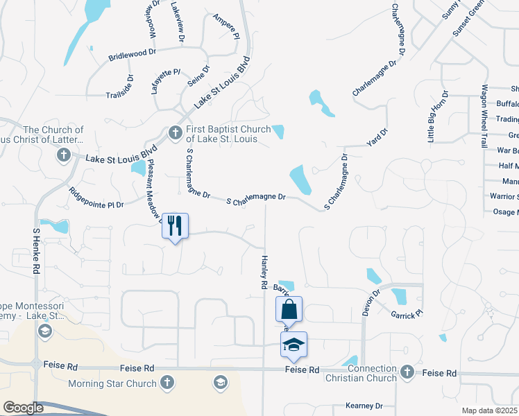 map of restaurants, bars, coffee shops, grocery stores, and more near 1755 Hanley Road in O'Fallon