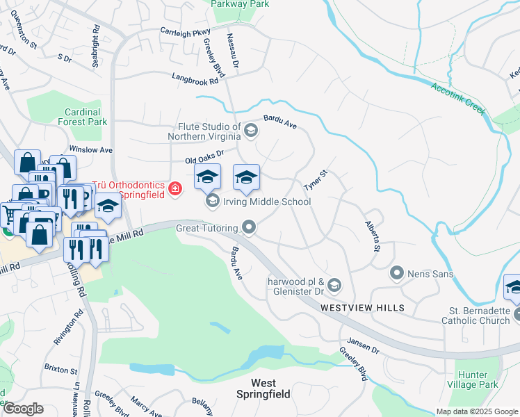 map of restaurants, bars, coffee shops, grocery stores, and more near 6310 Bardu Avenue in West Springfield