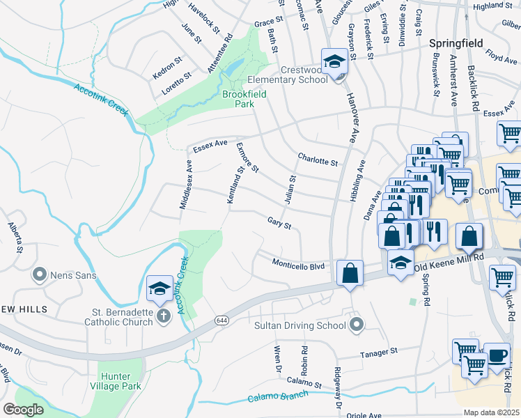 map of restaurants, bars, coffee shops, grocery stores, and more near 7409 Gary Street in Springfield