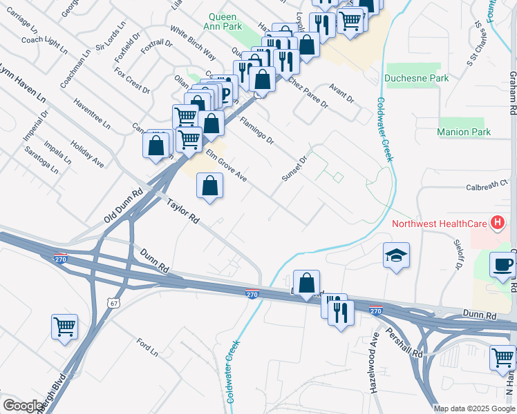 map of restaurants, bars, coffee shops, grocery stores, and more near 7313 Elm Grove Court in Hazelwood