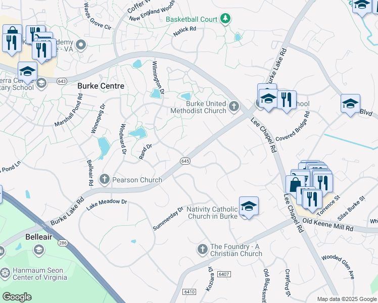 map of restaurants, bars, coffee shops, grocery stores, and more near 6225 Wilmington Drive in Burke