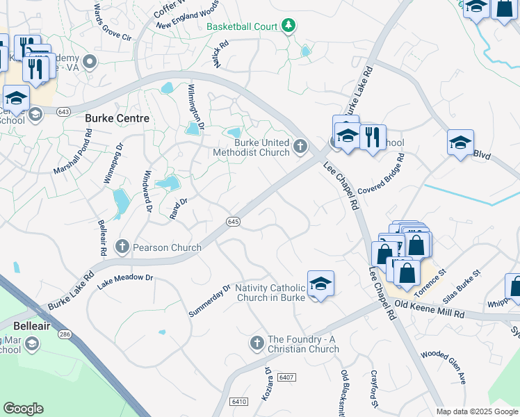 map of restaurants, bars, coffee shops, grocery stores, and more near 9702 Walthorne Court in Burke