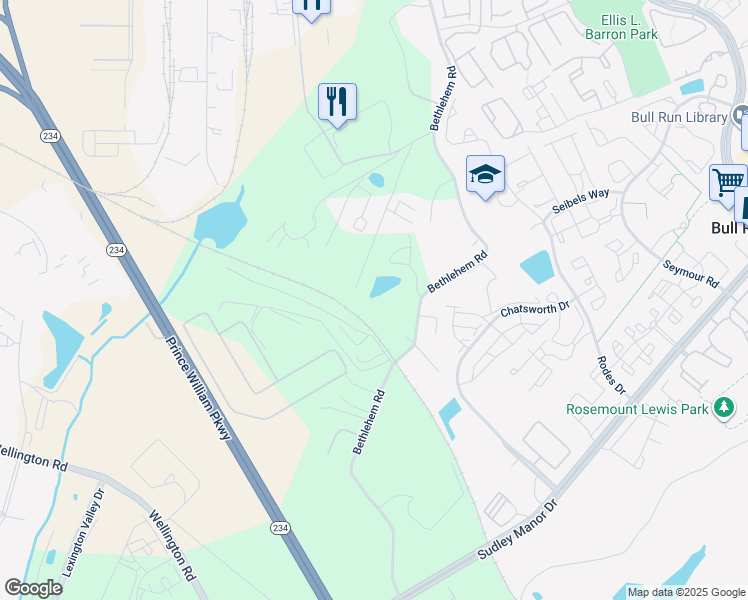 map of restaurants, bars, coffee shops, grocery stores, and more near 8130 Bethlehem Road in Manassas