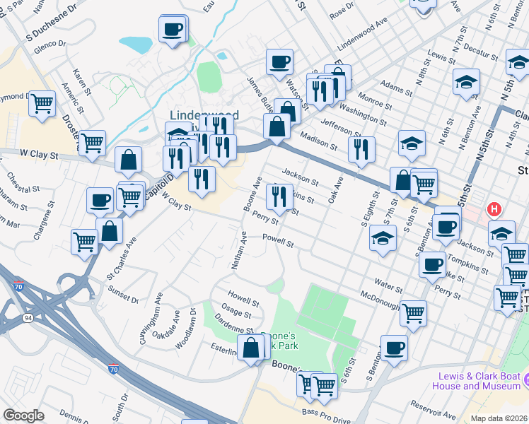 map of restaurants, bars, coffee shops, grocery stores, and more near 1108 Perry Street in Saint Charles