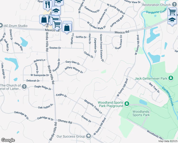 map of restaurants, bars, coffee shops, grocery stores, and more near 50 Gary Glen Drive in St. Peters