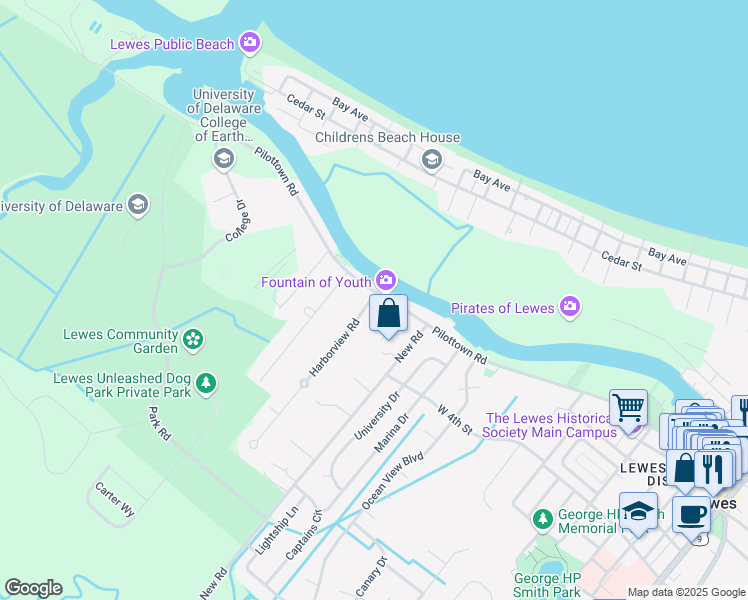 map of restaurants, bars, coffee shops, grocery stores, and more near 542 Pilottown Road in Lewes