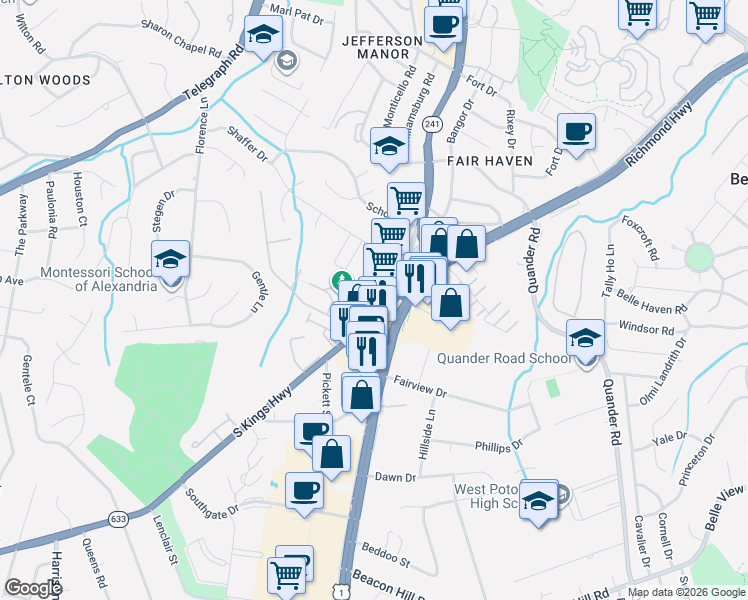 map of restaurants, bars, coffee shops, grocery stores, and more near 6300 South Kings Highway in Alexandria