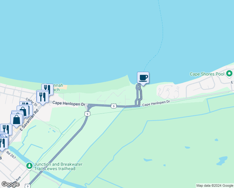 map of restaurants, bars, coffee shops, grocery stores, and more near 53 Pilot Point in Lewes