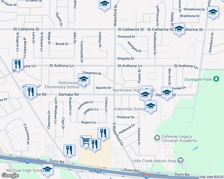 map of restaurants, bars, coffee shops, grocery stores, and more near 45 Waterford Drive in Florissant