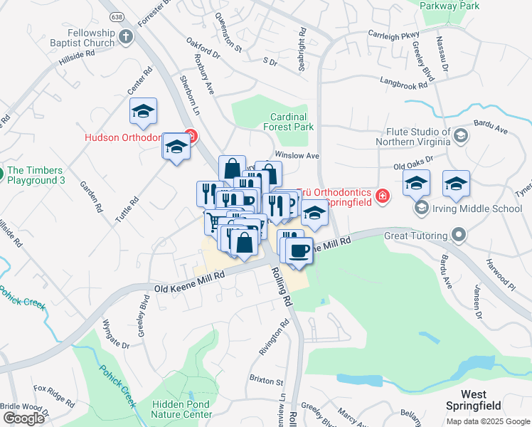 map of restaurants, bars, coffee shops, grocery stores, and more near 6221 Rolling Road in West Springfield