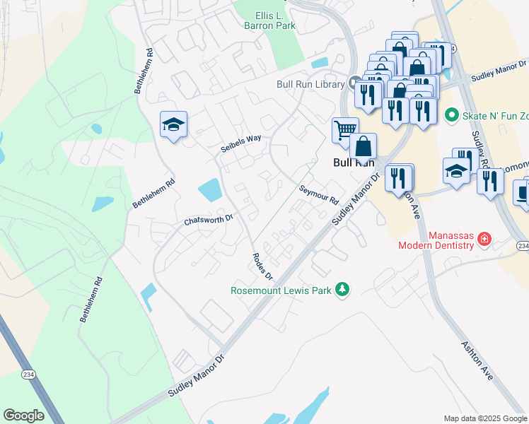 map of restaurants, bars, coffee shops, grocery stores, and more near 8107 Lacy Drive in Manassas
