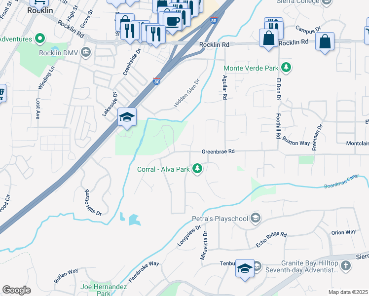 map of restaurants, bars, coffee shops, grocery stores, and more near 4437 Green Mountain Court in Rocklin