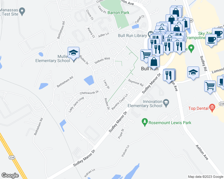 map of restaurants, bars, coffee shops, grocery stores, and more near 8107 Lacy Drive in Manassas