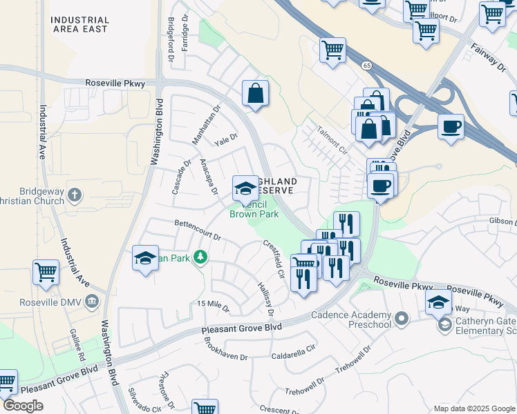 map of restaurants, bars, coffee shops, grocery stores, and more near 260 Trestle Drive in Roseville