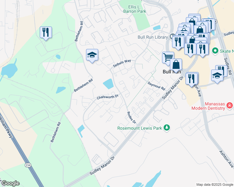 map of restaurants, bars, coffee shops, grocery stores, and more near 8073 Stonewall Brigade Court in Manassas