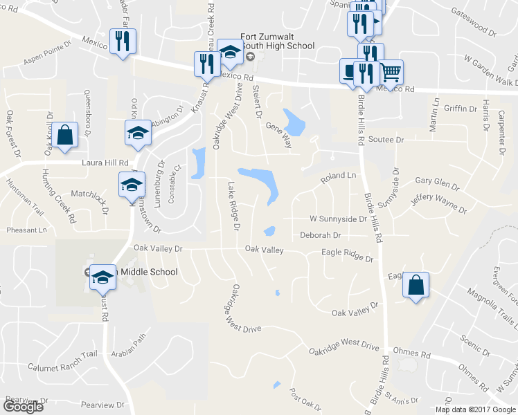 map of restaurants, bars, coffee shops, grocery stores, and more near 13 Oak Terrace Drive in St. Peters