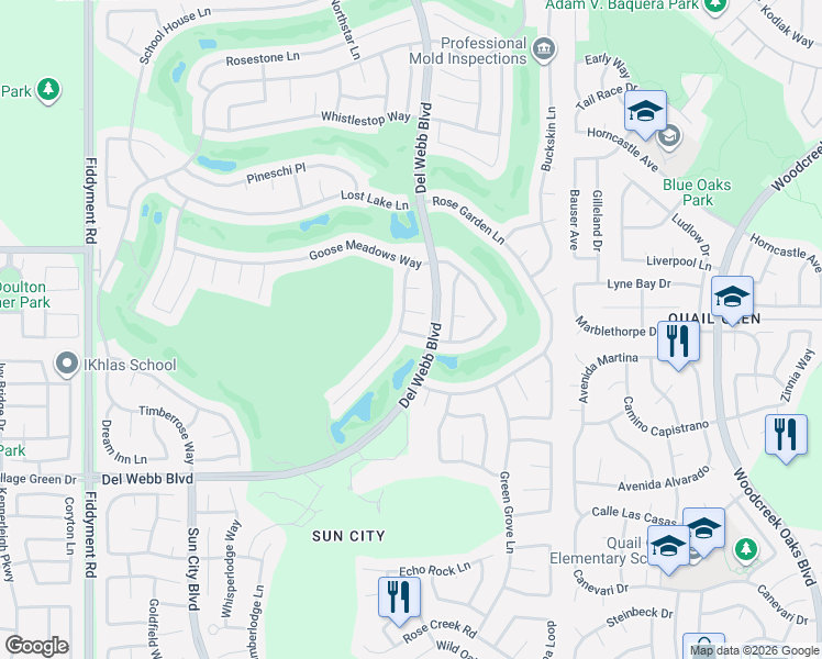 map of restaurants, bars, coffee shops, grocery stores, and more near 7101 Del Webb Boulevard in Roseville