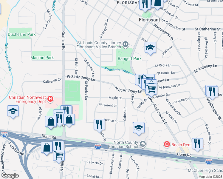 map of restaurants, bars, coffee shops, grocery stores, and more near 4 Saint Rose Court in Florissant