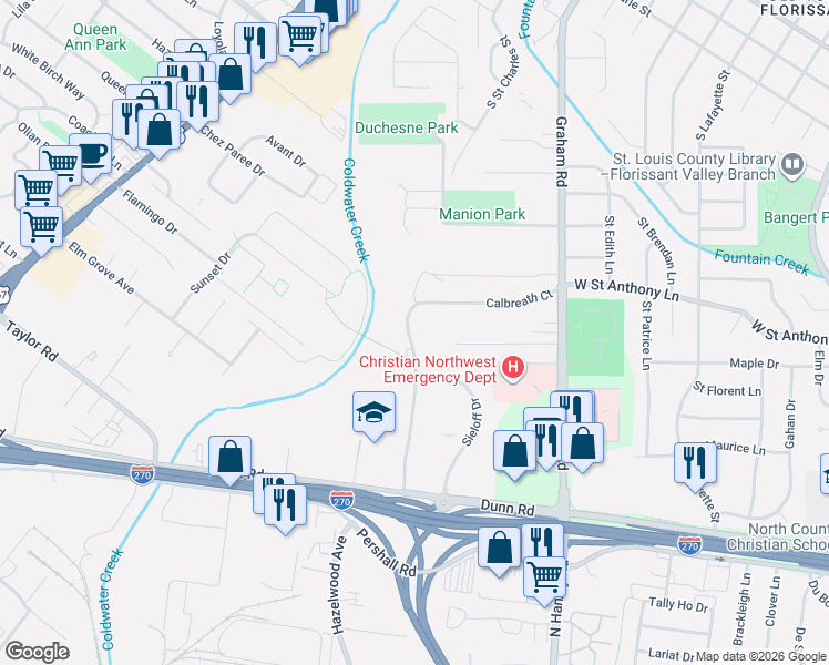 map of restaurants, bars, coffee shops, grocery stores, and more near 7536 Hazelcrest Drive in Hazelwood