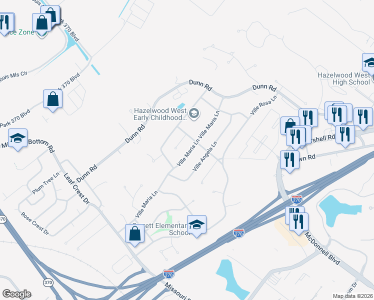 map of restaurants, bars, coffee shops, grocery stores, and more near 5238 Ville Maria Lane in Hazelwood