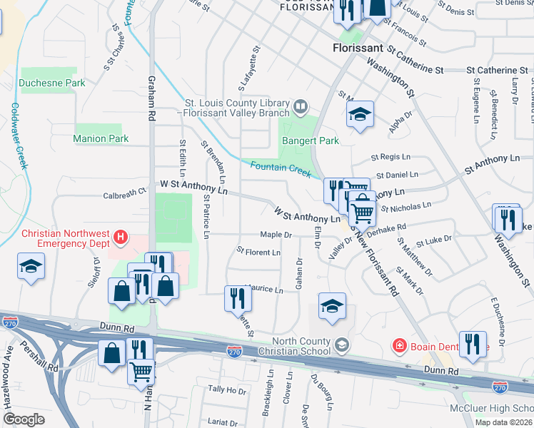 map of restaurants, bars, coffee shops, grocery stores, and more near 4 Saint Rose Court in Florissant
