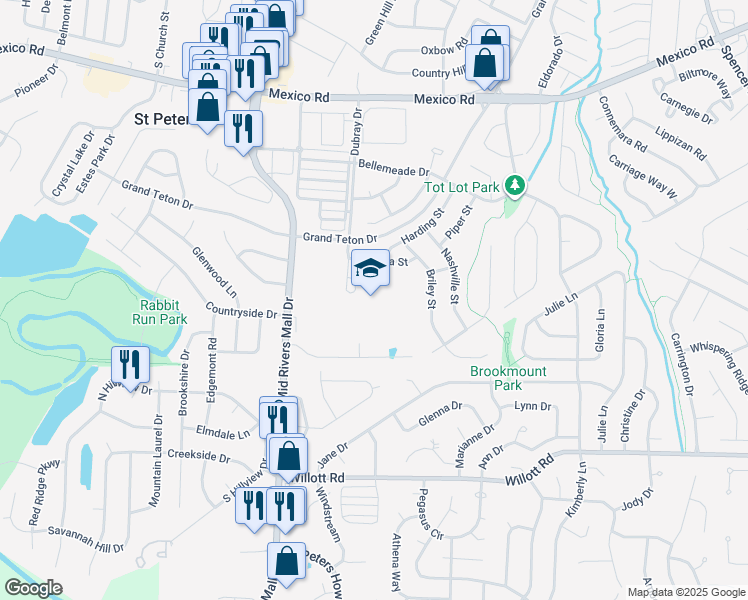 map of restaurants, bars, coffee shops, grocery stores, and more near 100 Dubray Drive in St. Peters