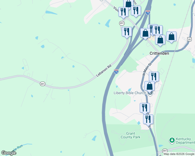 map of restaurants, bars, coffee shops, grocery stores, and more near 725 Lebanon Road in Crittenden