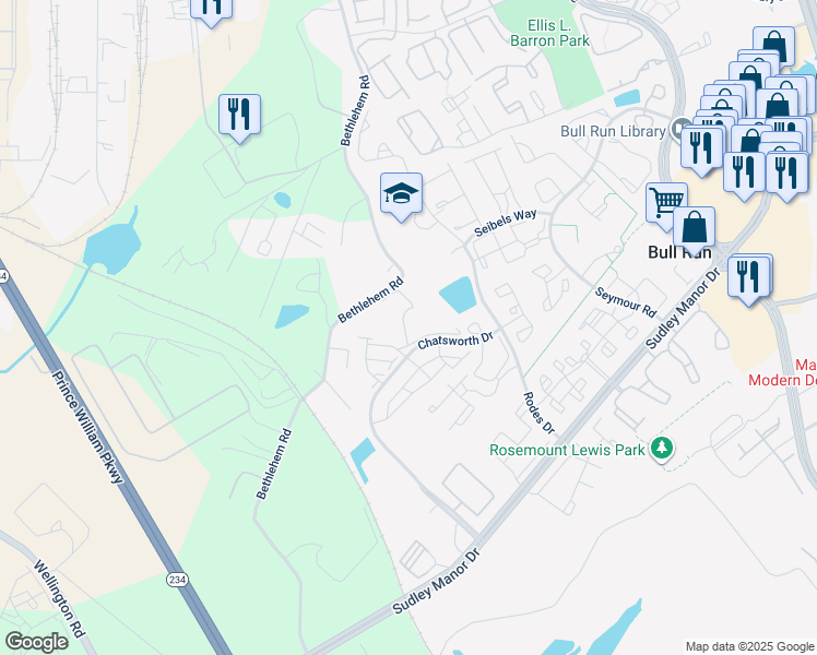 map of restaurants, bars, coffee shops, grocery stores, and more near 8081 Juliet Lane in Manassas